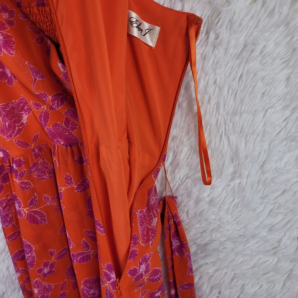 Eliza J Med Orange Floral Asymmetrical Midi Strappy Dress Smocked Tie Flowy - Picture 5 of 10